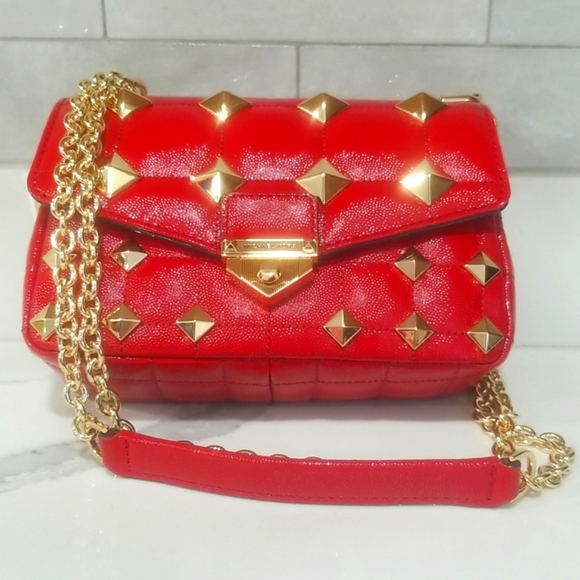 NWT!  MICHAEL KORS SOHO SMALL CRIMSON 🔥🔥 STUDDED CHAIN LEATHER SHOULDER BAG - Picture 5 of 14